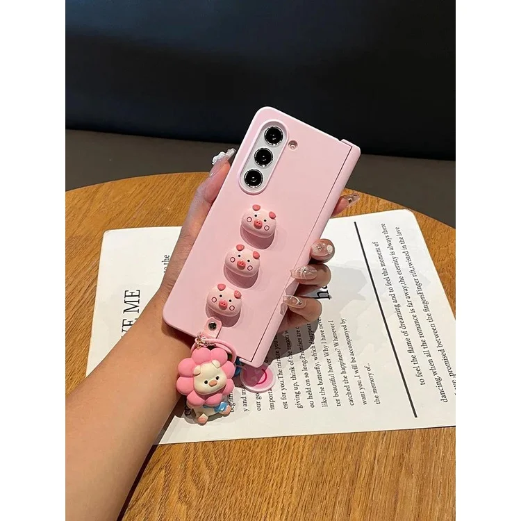 Fashion DIY Cute Pink Pig Pendant Skin Feel Phone Case For Samsung Galaxy Z Fold 7 6 5 4 3 zfold5 5G Full Protector Hinge Cover