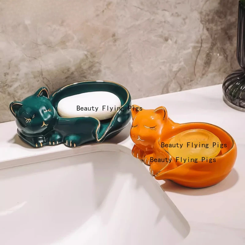 

Керамическая коробка для мыла с изображением кота, 1 шт., дренажная коробка для мыла, бытовая керамическая сливная коробка для мыла, стойка с мультяшным котом, принадлежности для ванной комнаты