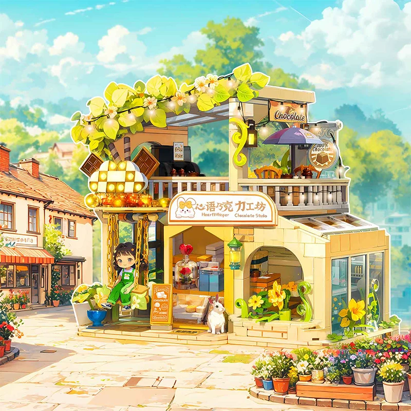 

Friends City House Summer Warm Chocolate Workshop Meow Star Villa With Lighting Building Block Set DIY Toys For Kids Girls Gifts