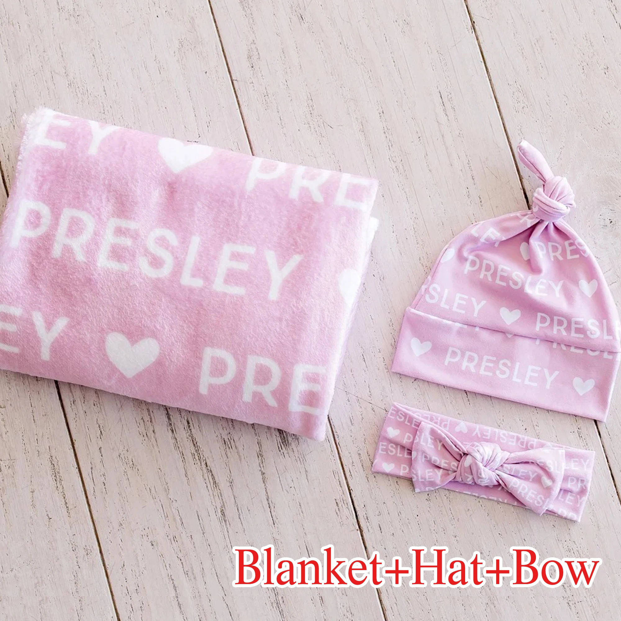 UOOPOO Personalized Name Swaddle Blanket Heart, Baby Hat, Bow, Pillowcase, Baby Swaddle, Baby Blanket