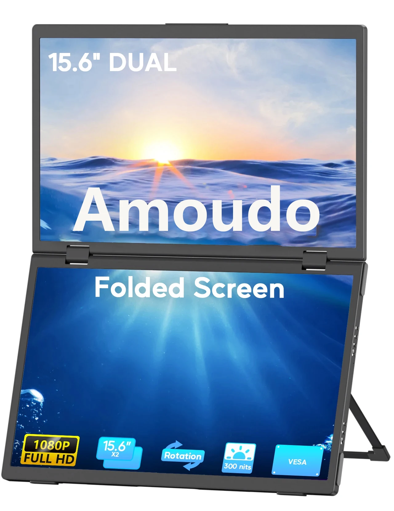 

Amoudo 15.6" Dual Portable Monitor for Laptop Screen Extender 1080P HDR Folding Stacked Triple Travel Computer Display
