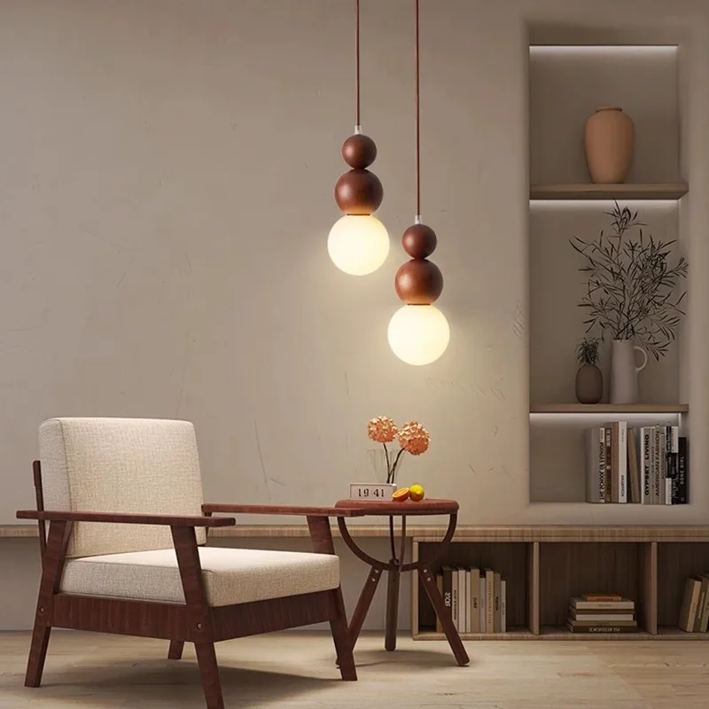 Nordic Walnut Wood Glass Pendant Light Modern Vintage Style Bedroom Bedside Corridor Aisle Dining Room Homestay Single Head Lamp