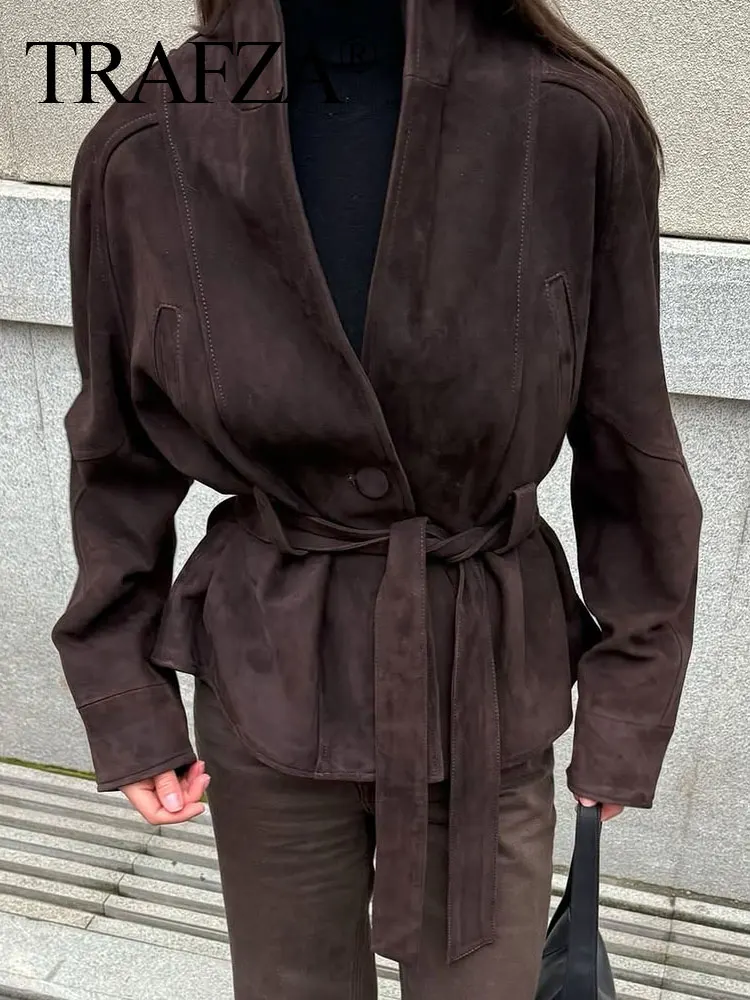 

TRAFZA Trendy Suede Texture Jacket For Women Autumn Long Sleeves Solid Color Lapel Belted With Pockets Street Causal Coats