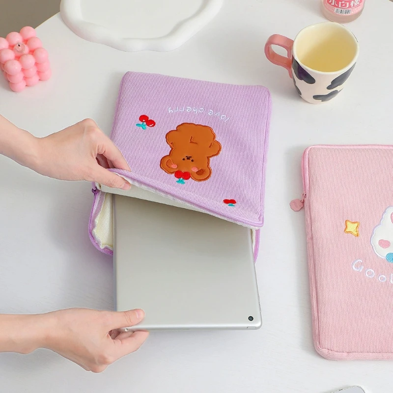 Sweet Cartoon Bear Rabbit Embroidered Tablet Bag Soft Cushioned Shockproof Zipper Laptop Sleeve For MacBook iPad Teen Girls Gift
