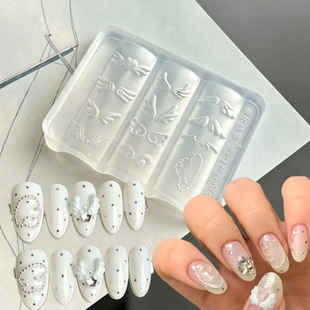1 pièce Moule en silicone 3D pour nail art, motif ailes d'ange et ailes de chérubin rétro, réutilisable, pochoir à gel pour manucure DIY élégante