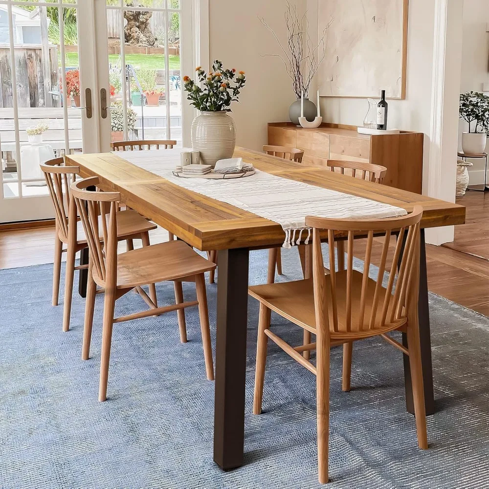 

Wood Dining Table 6-Person Indoor Outdoor Table with Iron Legs, Sandblast Finish, Natural Stained, 69 * 33 * 30 inch
