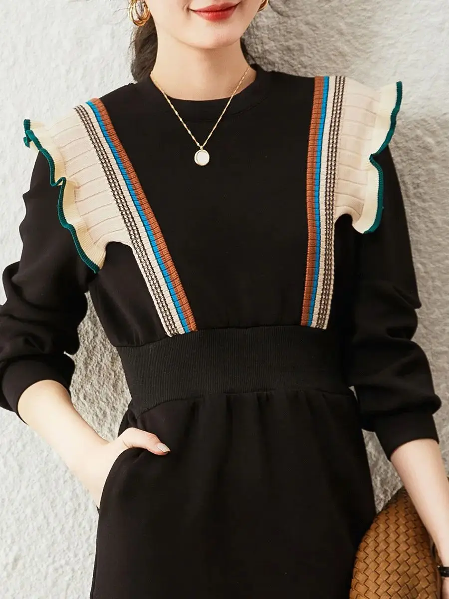 LOUIS YAO Women Color Block Ruffle Edge High Waist Sweatshirt Dress 2023 Autumn Fashionable O-Neck Commuter Style