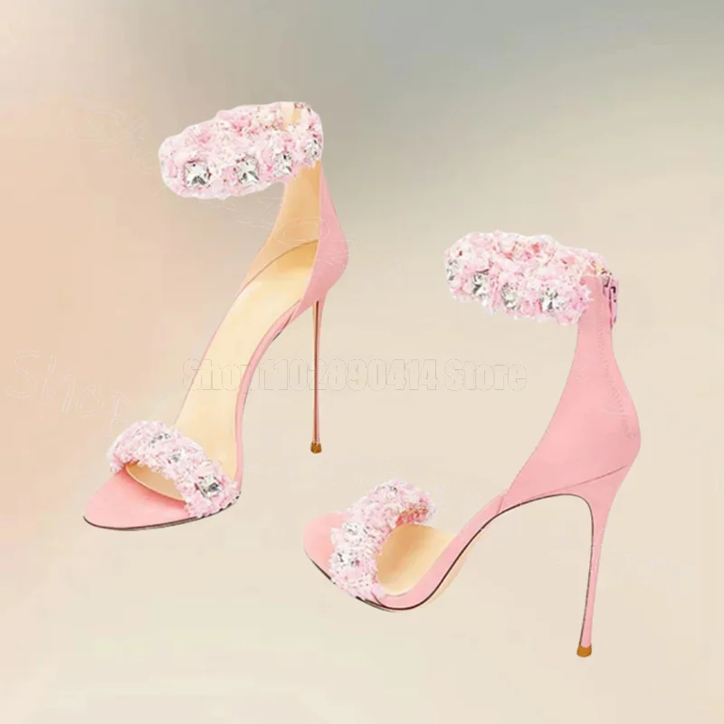 

Crystal Design Pink Mesh Ruffles Sandals Back Zipper Women Shoes Thin High Heels Fashion Party Banquet 2025 Zapatos Para Mujere