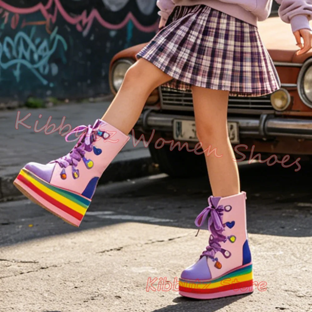 Platform Ankle High Boots Heart Cutout Lace Up Sneaker Colorful Thick Sole Round Toe Zip Leather Mixed Color Fashion Novelty New
