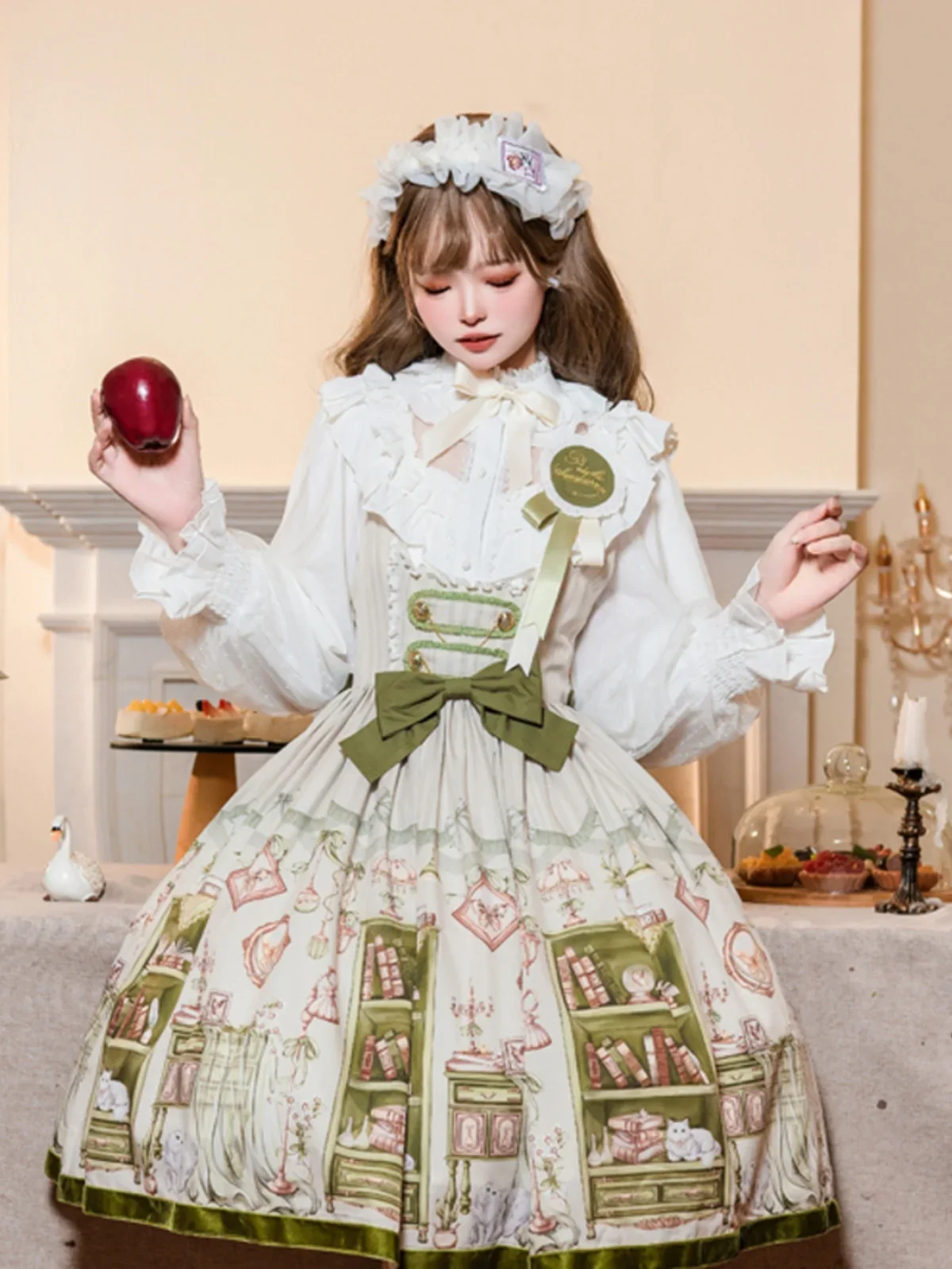 Japanese Style Cartoon Printed Lolita Girls Breast Support Jsk Dress New Autumn College Style Women's White Shirt and Dress Set