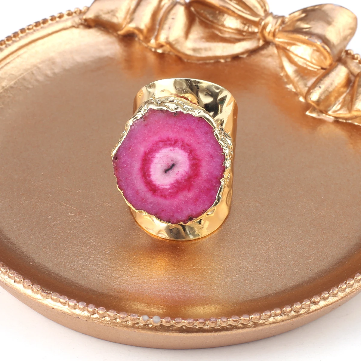 Boho Irregular Natural Stone Agate Slices Sunflower Wide Open Ring for Women Men Gold Plated Resizable Finger Rings Jewelry