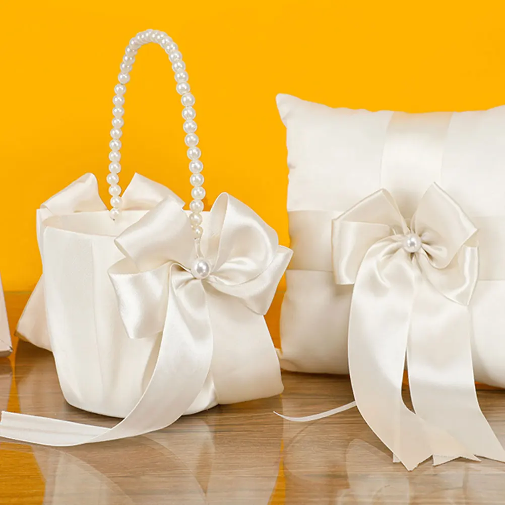

Simulation Pearl Handle Bowknot Wedding Flower Girl Basket Elegant Lace Design Portable for Parties Ceremonies Home