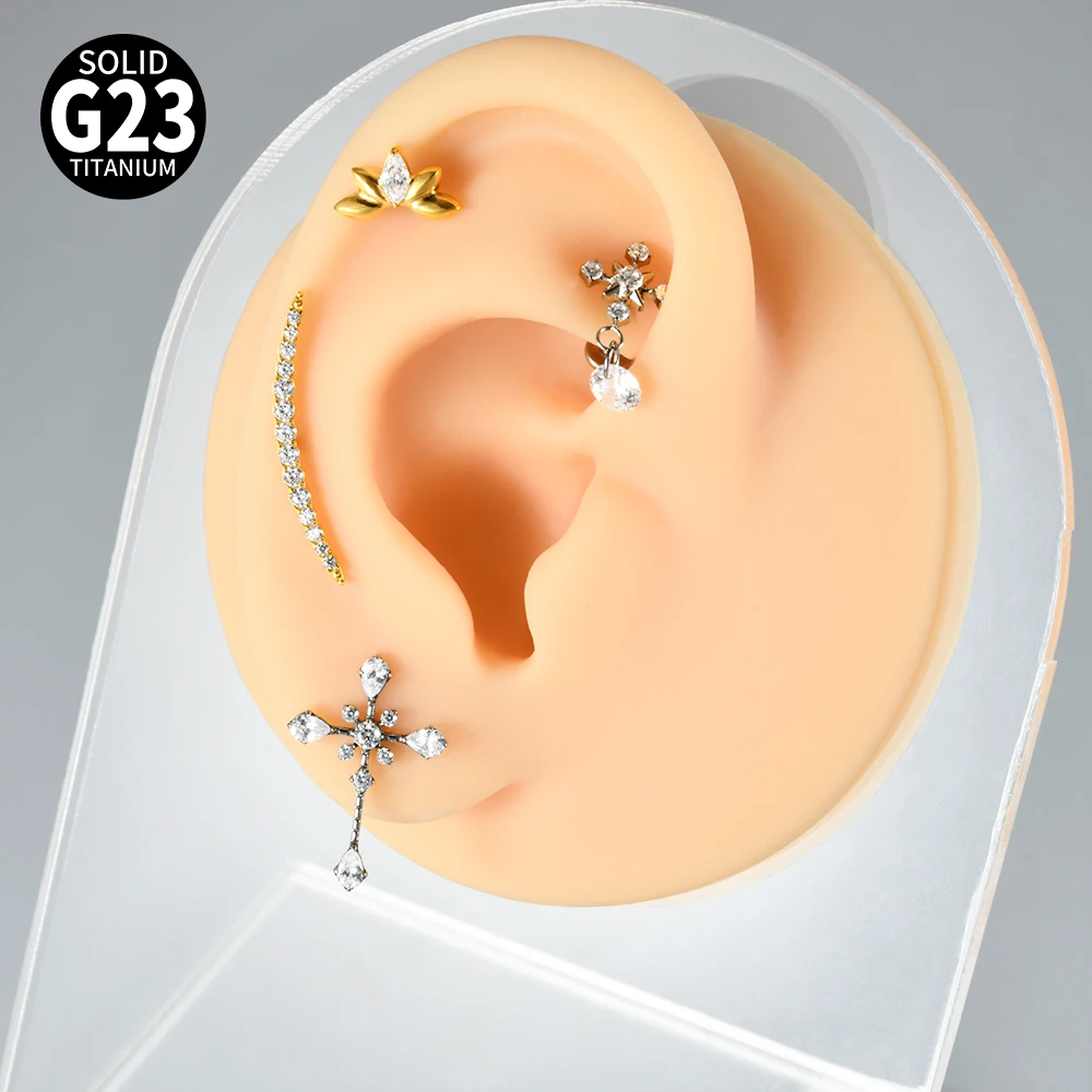 1PC G23 Titanium Dangle Cross Marquise CZ Labret Stud Ring Internal Thread Ear Cartilage Tragus Helix Daith Piercing Jewelry 16G