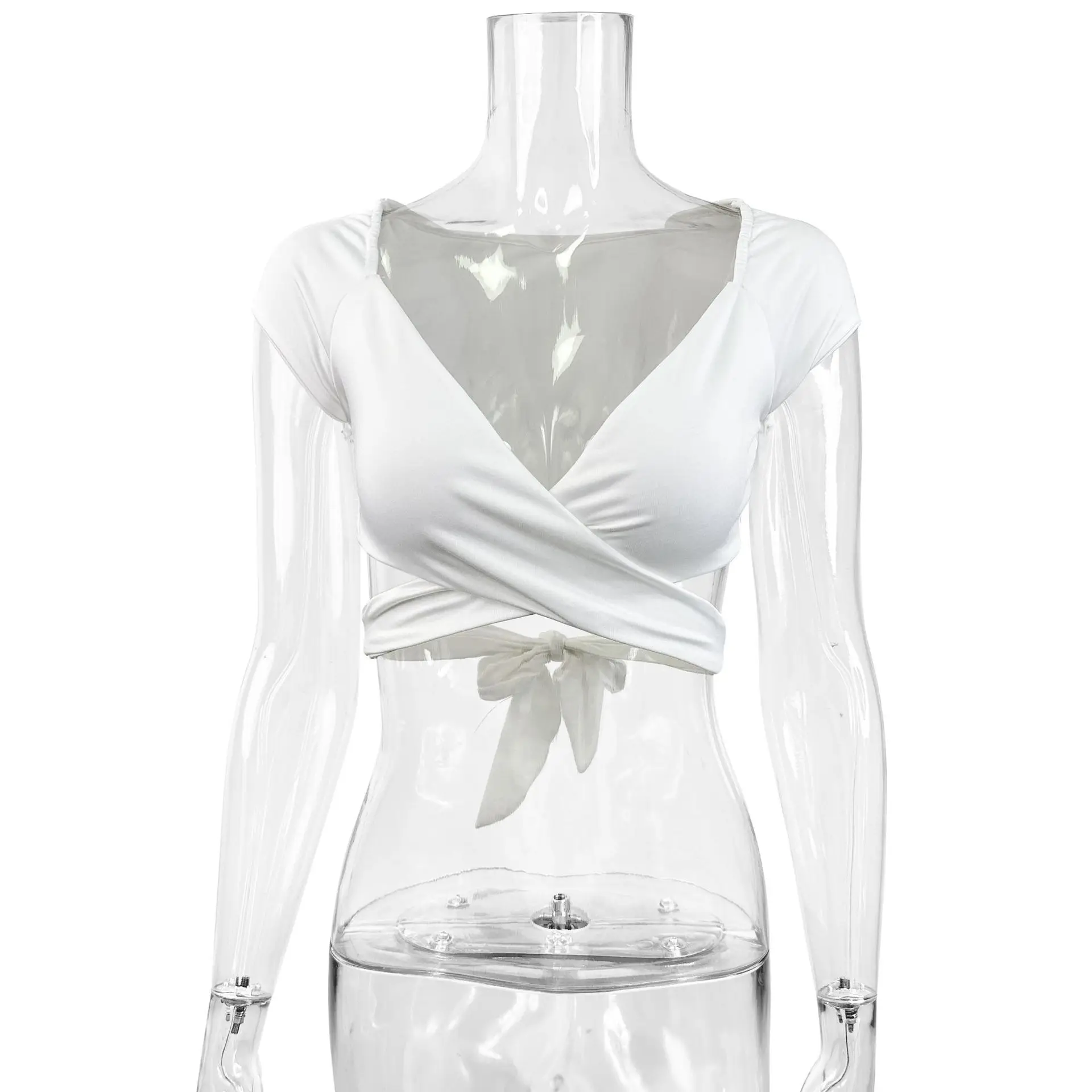 تخصيص عبر الحدود الصيف جديد قصيرة الأكمام المرأة الأعلى العميق الخامس الرقبة قصيرة الأكمام تي شيرت عالية الخصر الرغبة النقية #4