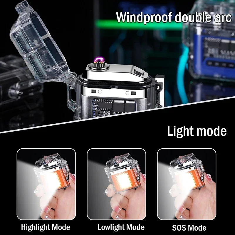 New Mecha-style Transparent Shell Waterproof Electronic Pulse Lighter Type-C Charging Power Display Lighter with Light