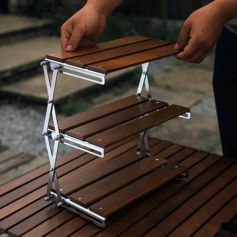 Outdoor Camping Triple Shelf Solid Wood Stainless Steel Structure Foldable Portable Table Multifunctional Storage Shelf With Bag