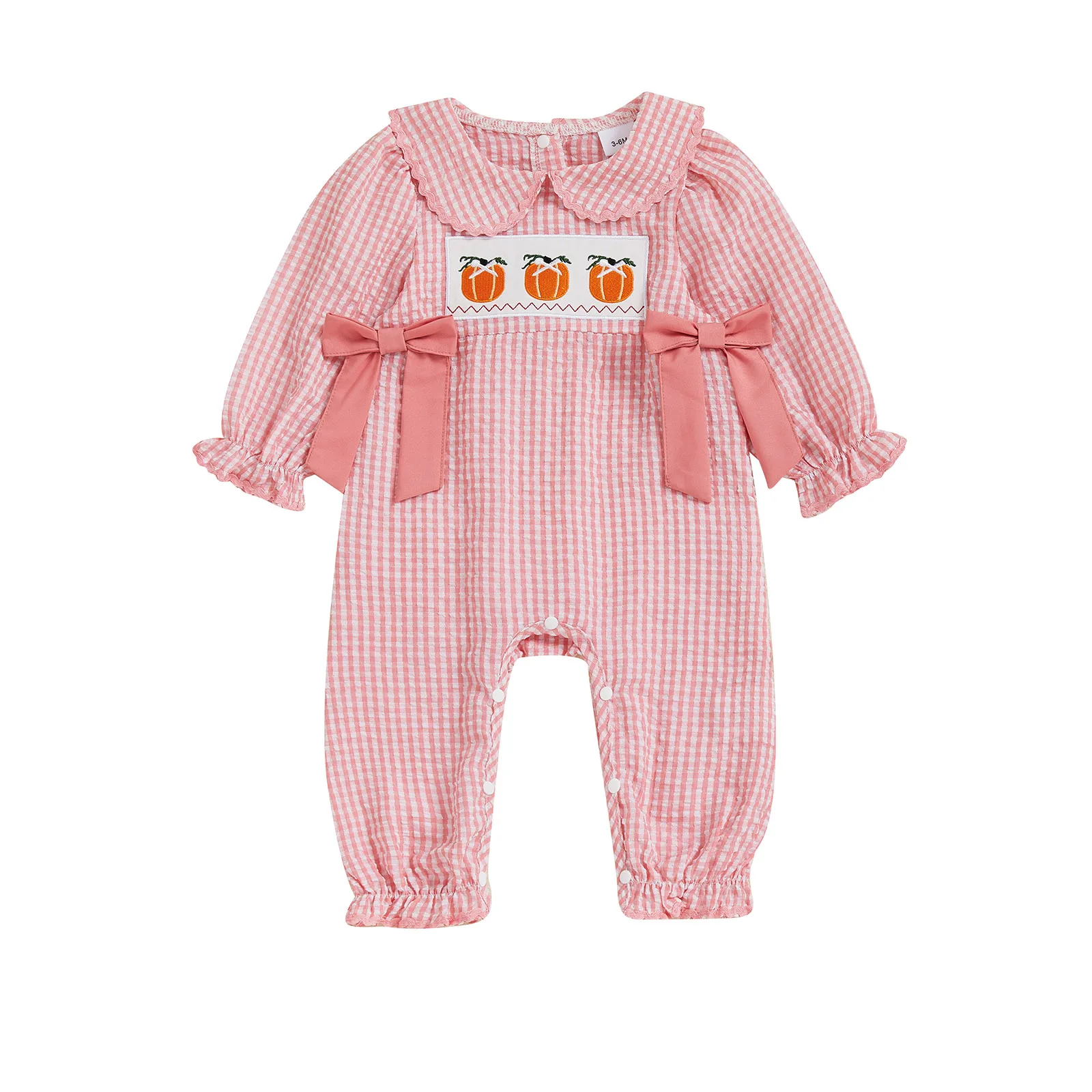 

Toddler Girls Halloween Costume Pumpkin Embroidered Plaid Romper Long Sleeve Bodysuit Jumpsuit Outfit for Infants