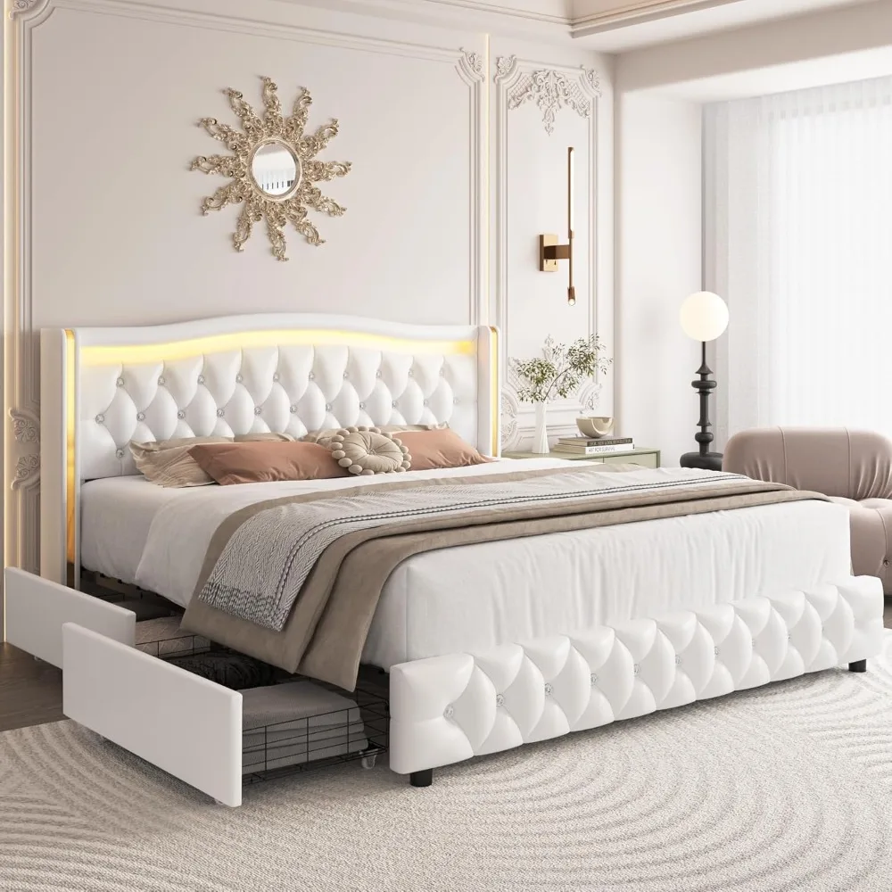 Queen LED Platform Bed Frame with 4 Storage Drawers, Crystal Button-Tufted & Stainless Gold Trim Wingback Headboard, Bed Frames