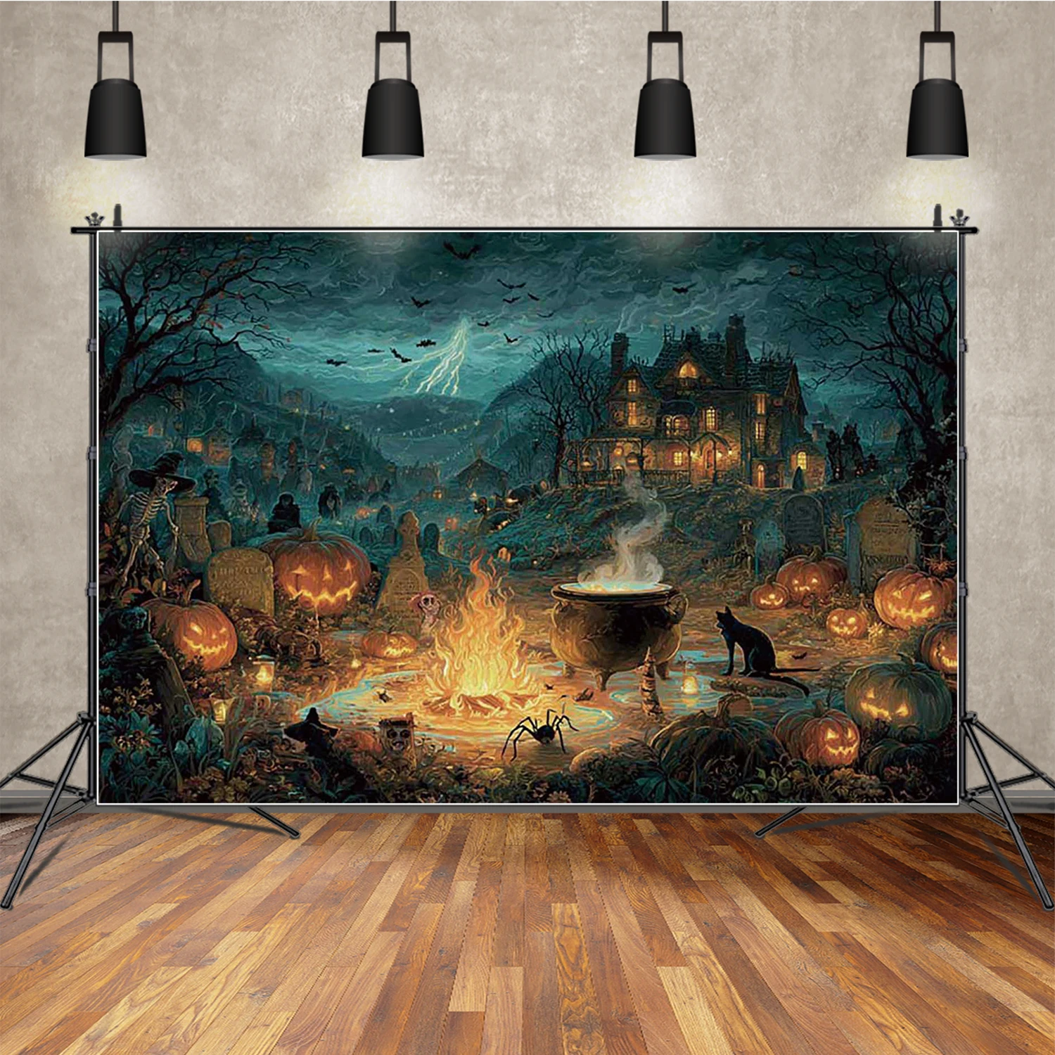 

MOON.QG Halloween Magic Gathering Backdrop Campfire Skeletons Cauldron Background Portrait Wallpaper Photo Booth Photo Studio