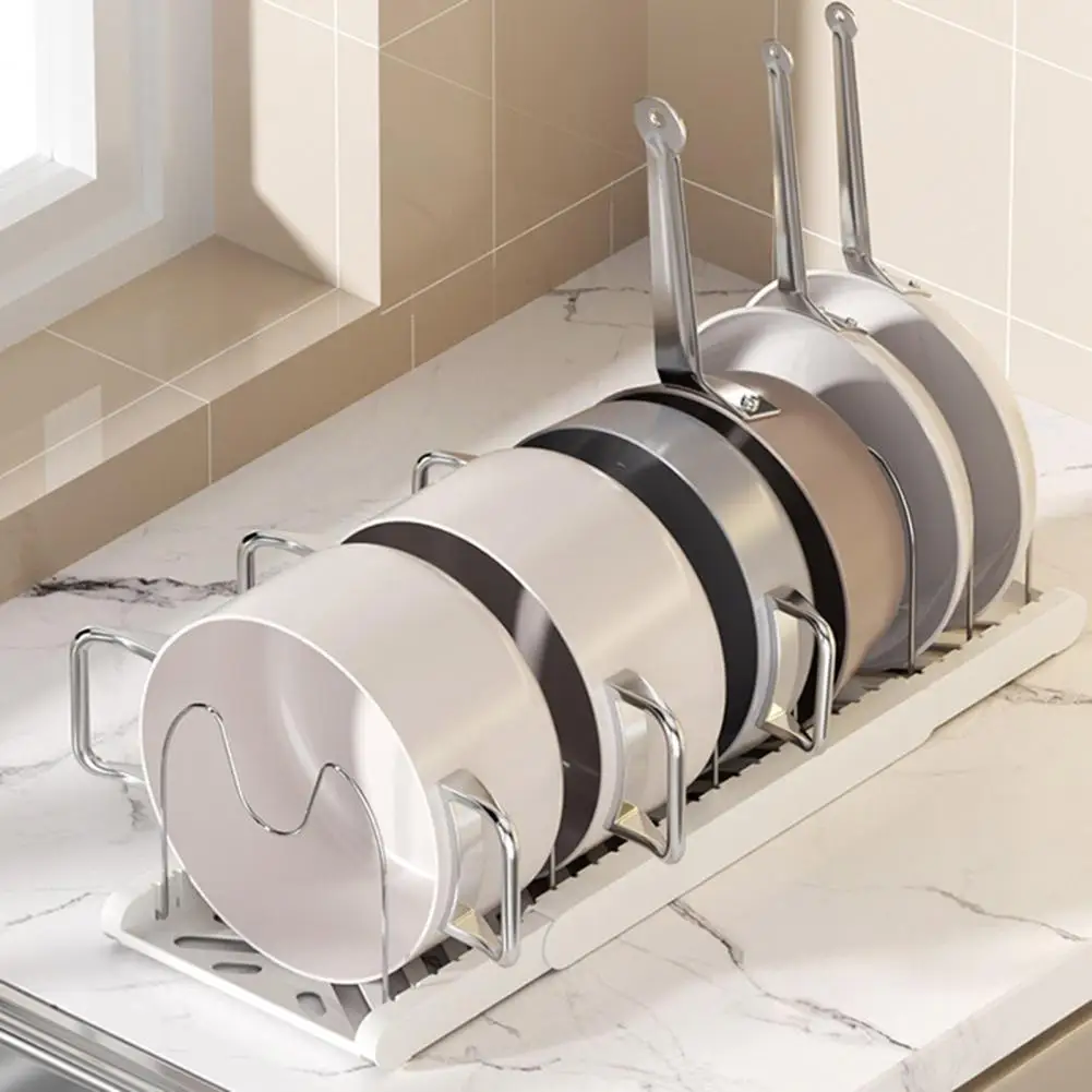 Pot Storage Rack Expandable Pot Pan Organizer Rack Kitchen Storage Stand Corrosion Resistant U-shaped Groove Holder with Easy