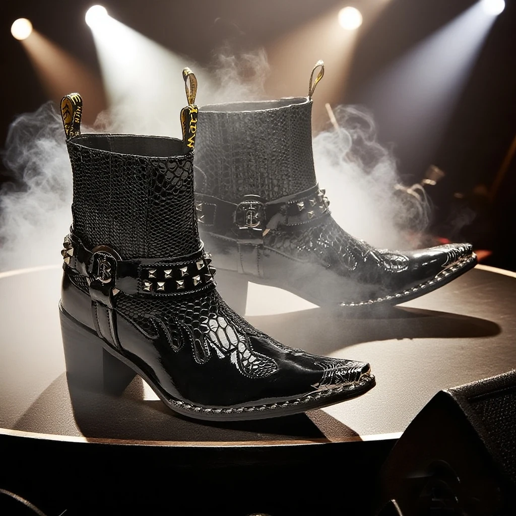 Schwarze Herren-Stiefeletten aus Schlangenleder mit Nietenbesatz, Blockabsatz, auffälliges Design, modische Schuhe für Bars, Bühnen, Streetwear und besondere Anlässe. – Detail 2