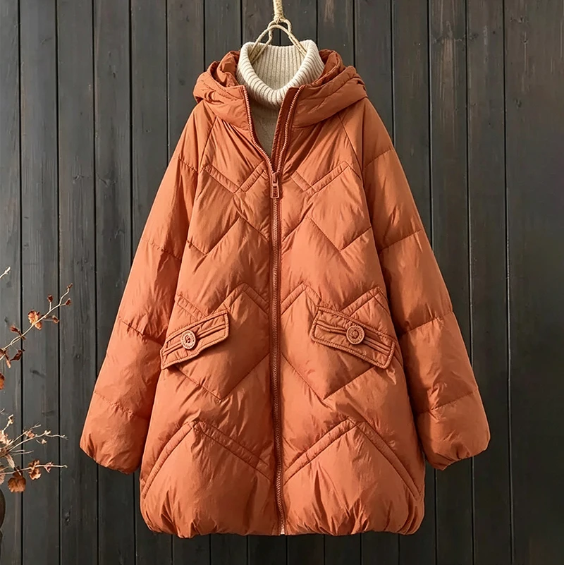 Schinteon Women White Down Jacket with Hood Solid Color Loose Casual Warm Autumn Winter A-lined Outwear Parka Coat 2026 New