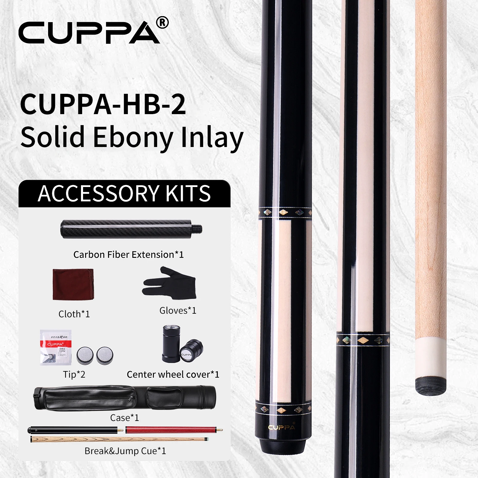 CUPPA Handmade Ebony Pool Cue Stick Set with American maple shaft Ebony Inlaid Butt Radial Joint 11.8mm 12.2mm Tip for players