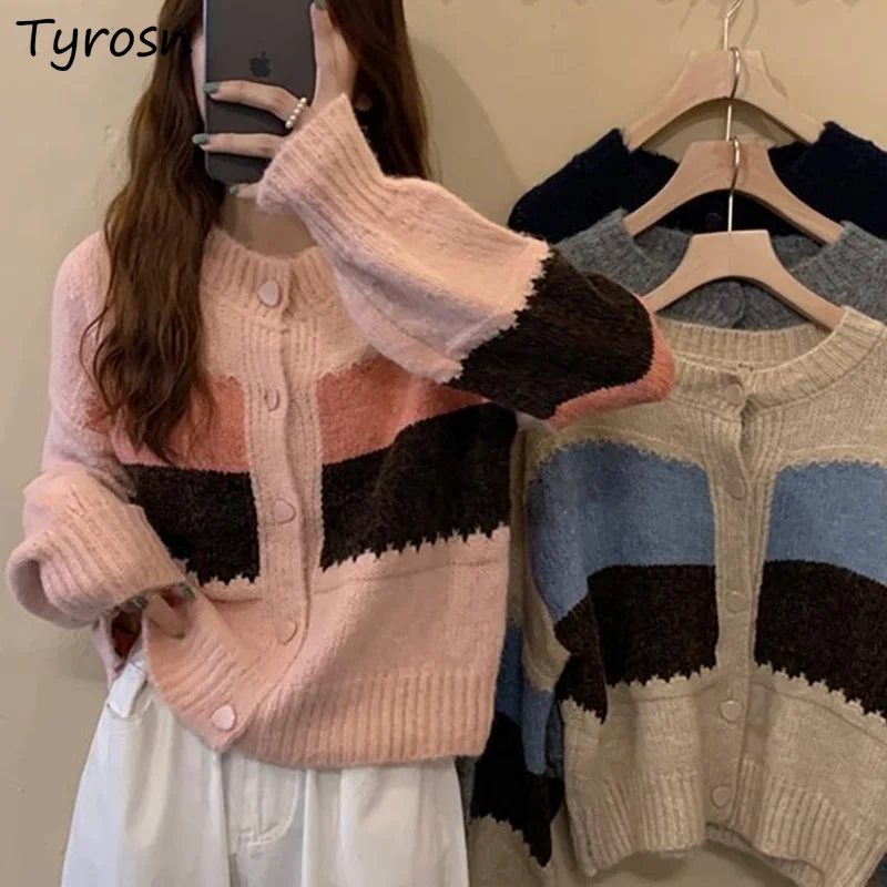 

Striped Loose Cardigan Spring Autumn Outwear Women Knitted Cloth Sweaters Korean Style All Match Vintage Streetwear Ulzzang New