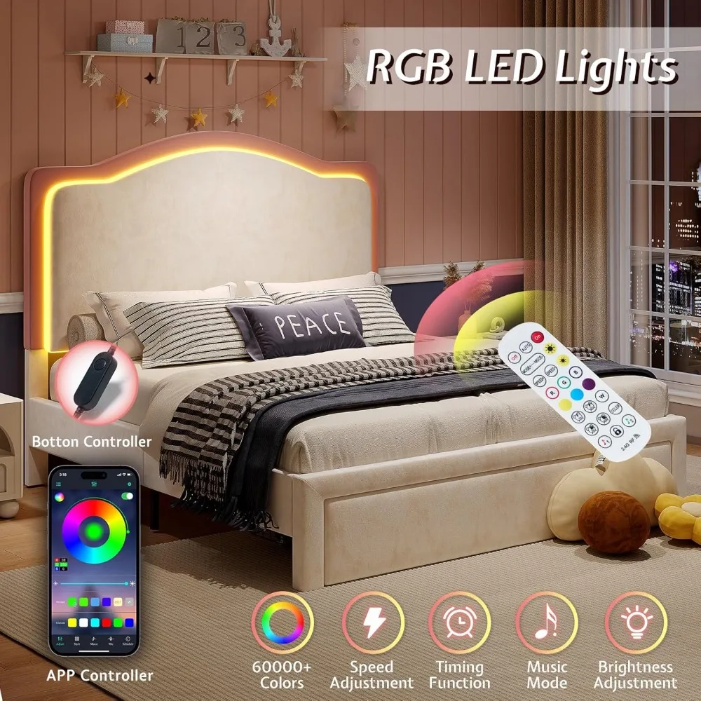 Molduras de cama dupla LED com gaveta de armazenamento, cama de plataforma estofada com cabeceira ajustável, sem necessidade de molas