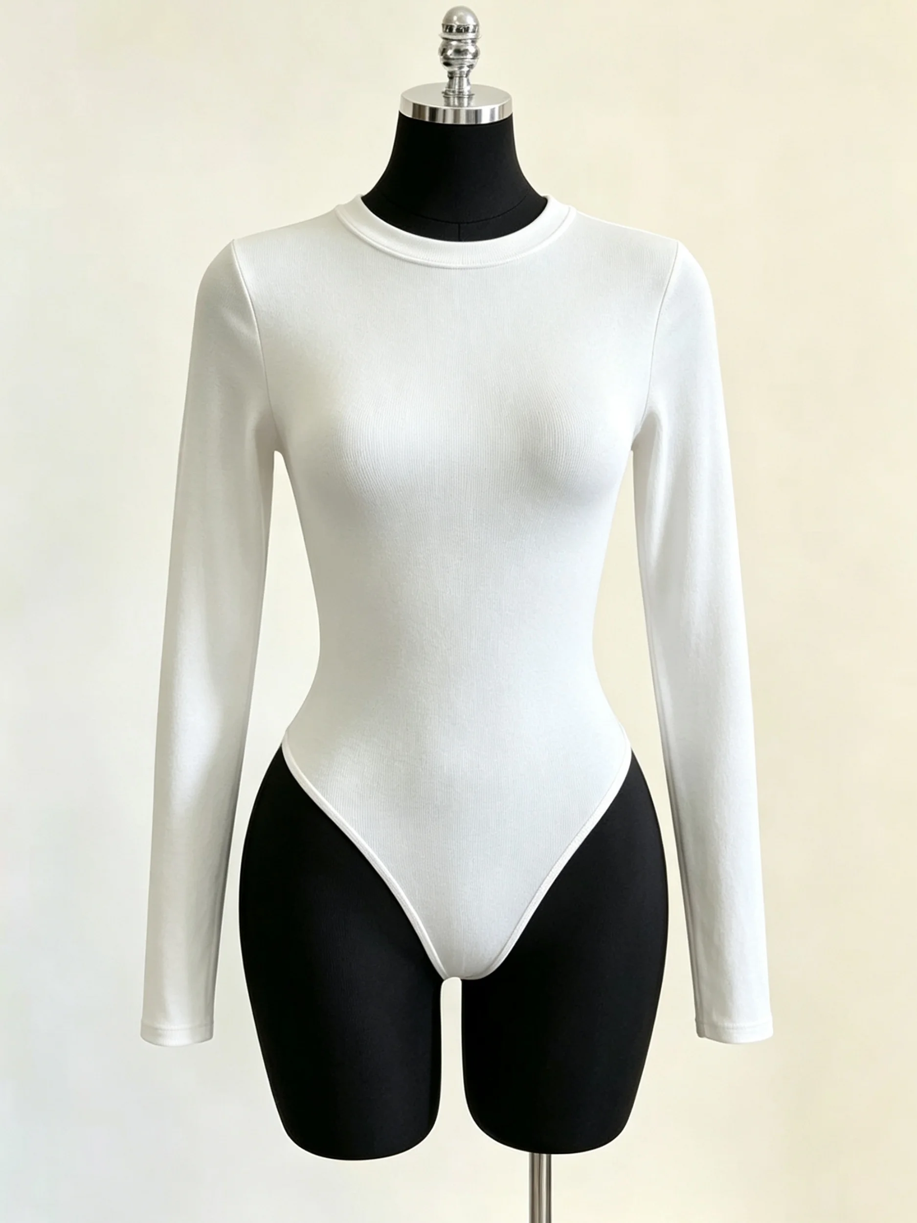 Damen-Body mit Rundhalsausschnitt und langen Ärmeln, hoch geschnitten, schmal geschnitten, figurbetont, Y2K, sexy, lässig, Basic, einteiliges Oberteil – Detail 30