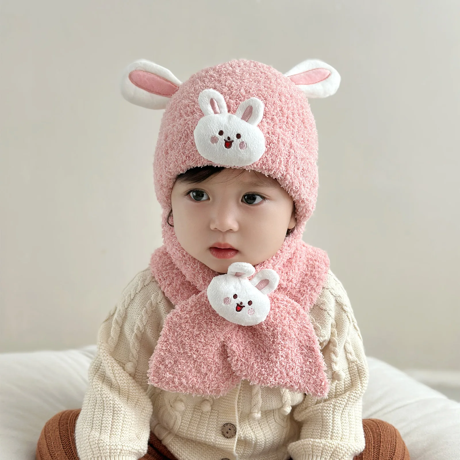 Baby Hat Scarf Two-piece Winter Warm Windproof Ear Cap Male and Female Baby Winter Polar Fleece Pullover Hat