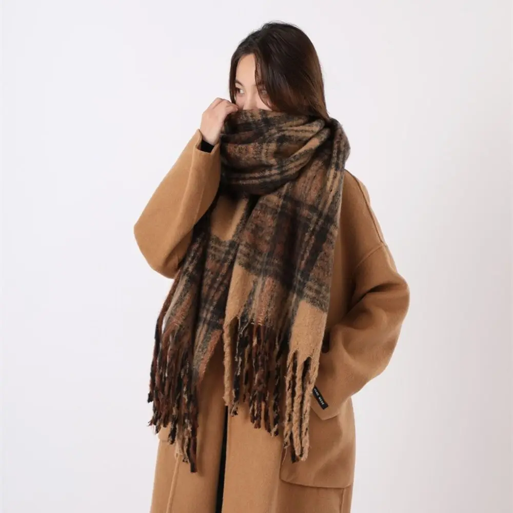 

Simple Mohair Plaid Wool Scarf Tassel Plush Winter Cashmere Scarves Korean Style Thicken Long Shawl Women/Men