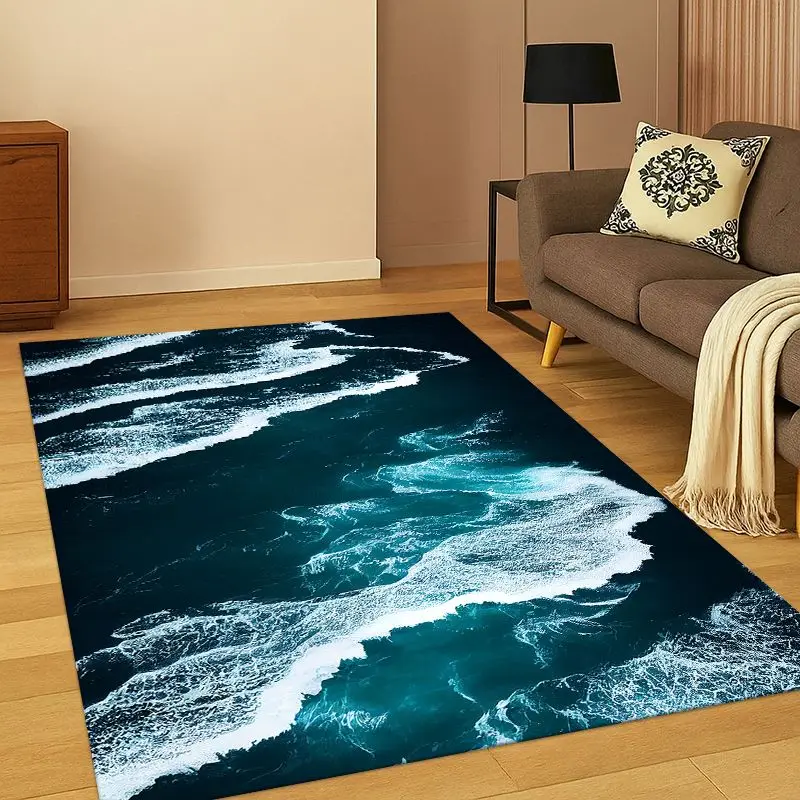 Blue Sea Waves Scenery Carpet Rug for Bedroom Living Room Sofa Playroom Doormat Home Decor, Game Area Rug Non-slip Gift