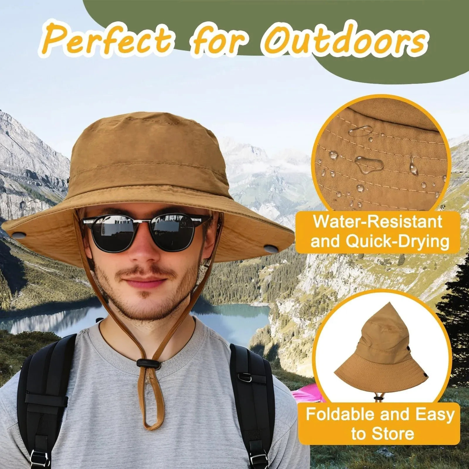 

Unisex Summer Outdoor Hiking Caps Sun Protection Wide Brim Boonie Hat with Adjustable Chin Cord, UPF 50+ UV Protection Sun Hat