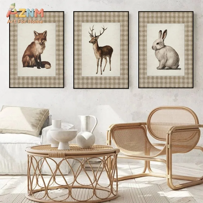 AZNM Vintage Plaid Border Woodland Animal Canvas Wall Art Fox Stag Rabbit Sketch Neutral Farmhouse Print Unframed Canvas Rustic