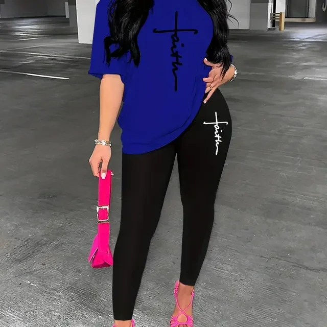 Damen Sommer Mode All-Match Faith Buchstaben-Print Locker Sitzendes Übergrößen-T-Shirt und Leggings Zweiteiler Set Kurzarm und Lange Hose – Detail 5