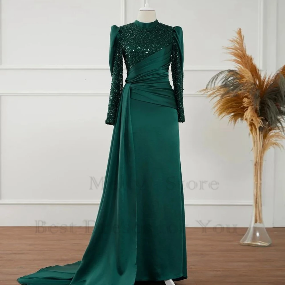 

Sparkle Green Evening Dresses for Muslin Women Full Sleeve Prom Gowns with Sequined New Satin Vestido De Noche Pleat Zipper Back