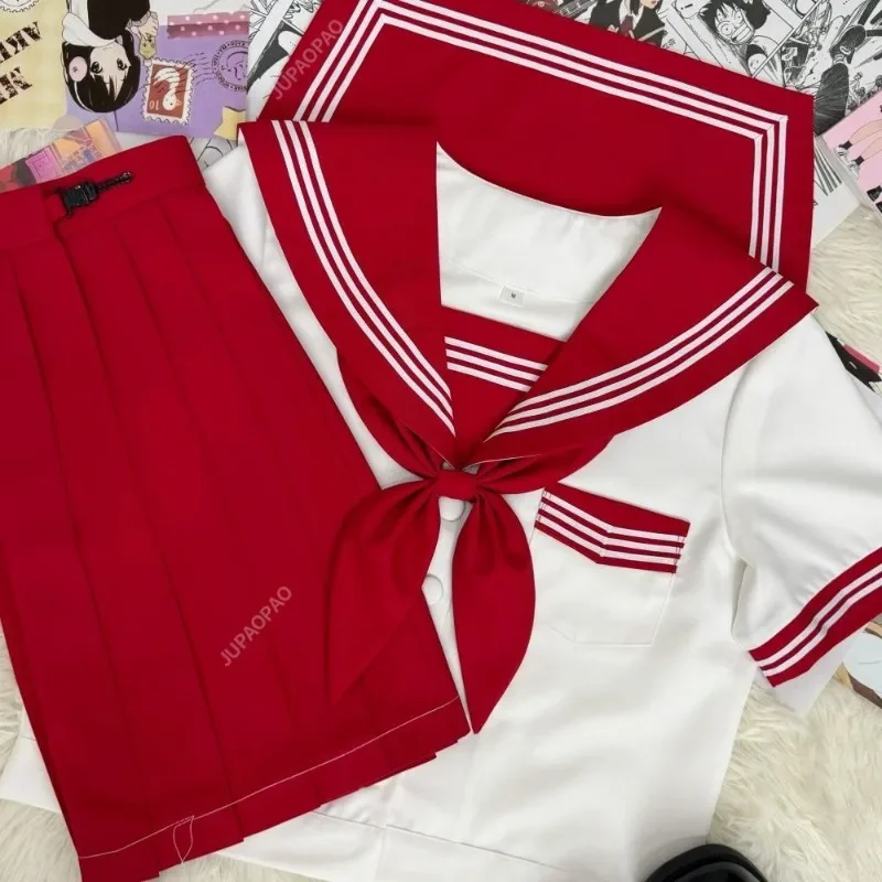 Large Japanese School Uniform Ins Style Jk Uniform Bow Pleated Skirt Set Youth Student Sailor Suit Women's Short Sleeved Set