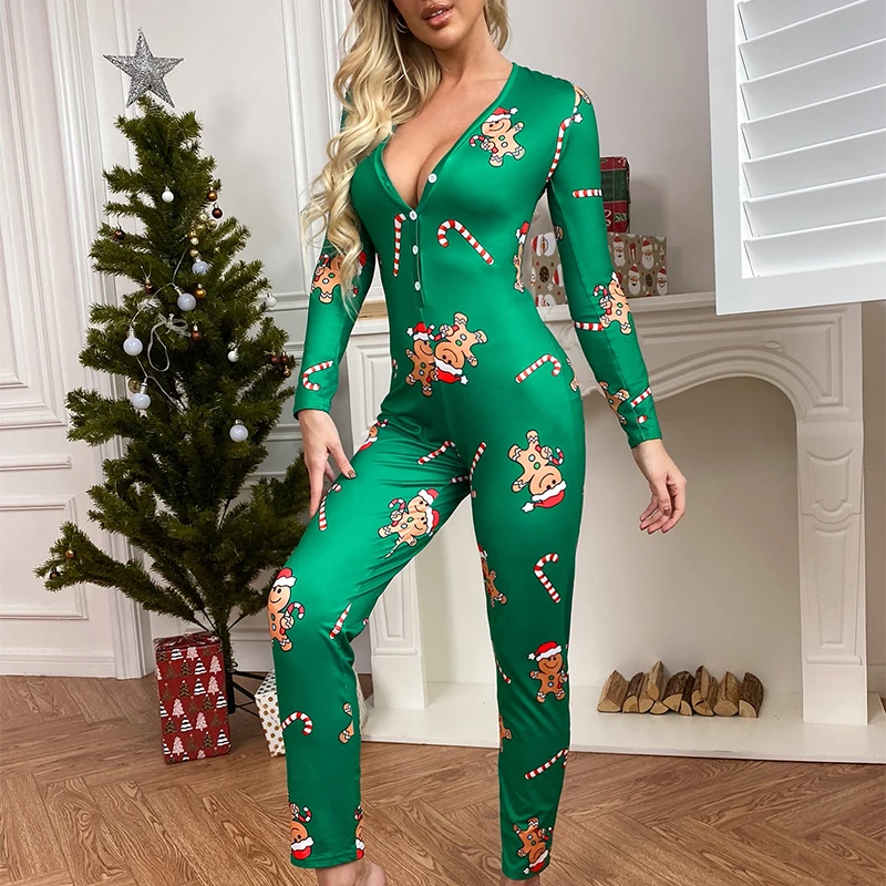 Latest Women\'s Pajamas Christmas  Jumpsuit Button V Neck Long Sleeve Christmas Cartoon Print  Pajamas