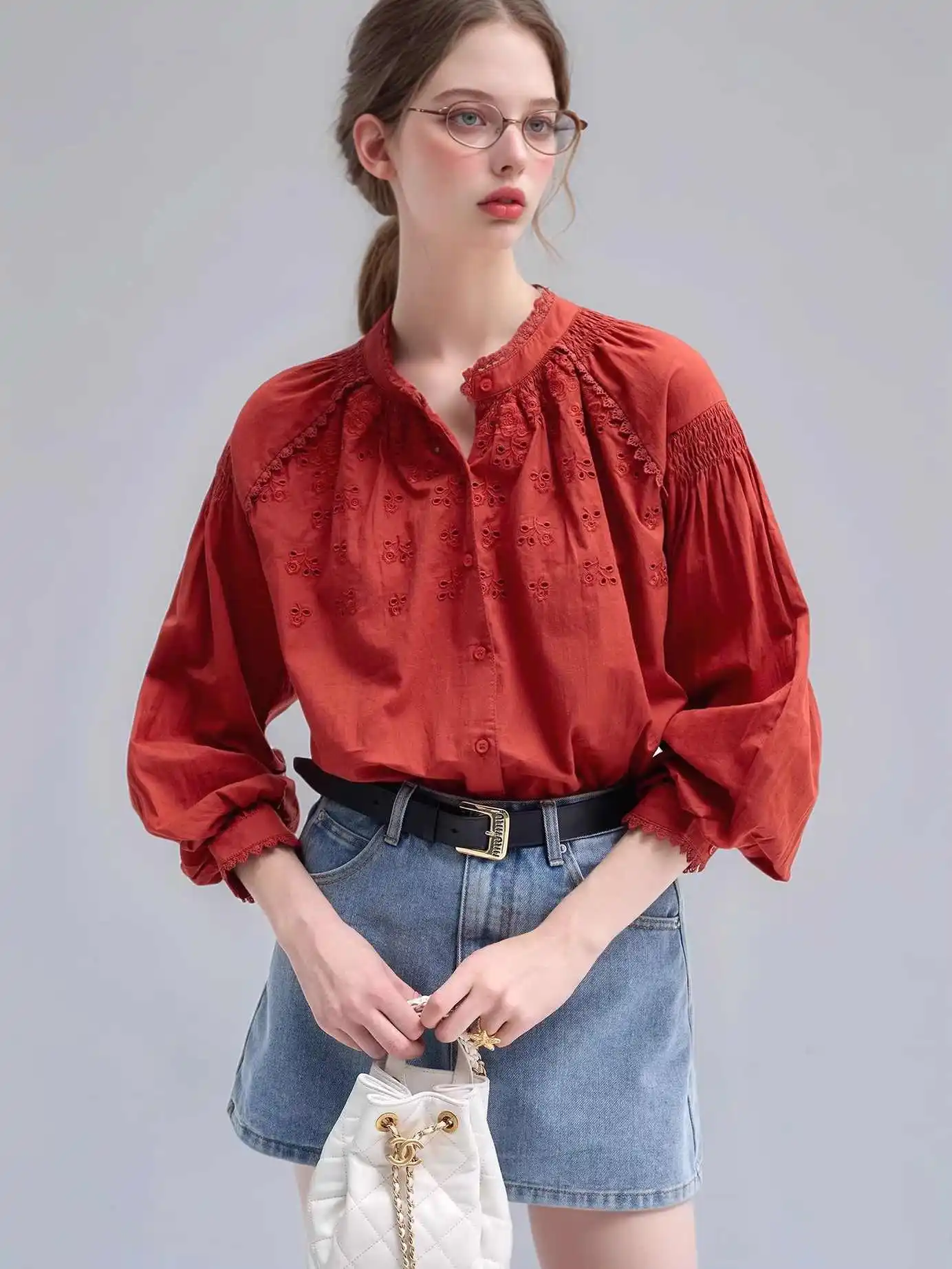 

French Retro Design Shirt For Women In The Spring And Autumn Of 2025, Loose Embroidered Lace Up Long Sleeved Top