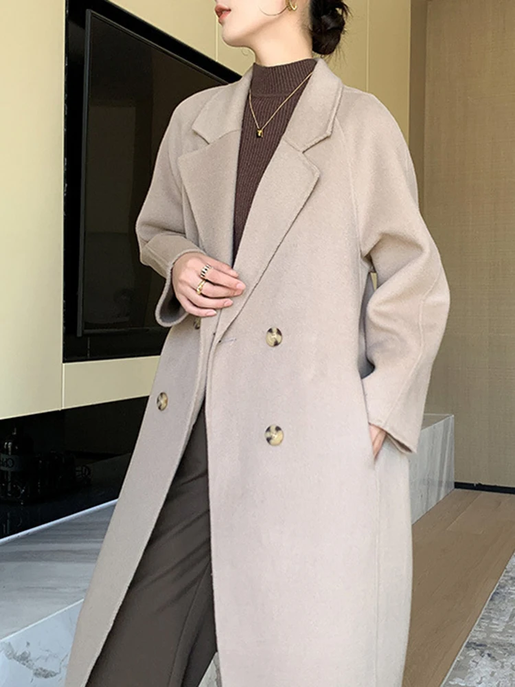 SHENGPALAE Vintage Long Woolen Coat For Women Lapel Full Sleeve Double Breasted Spliced Pockets New 2024 Female Clothing 5C1860