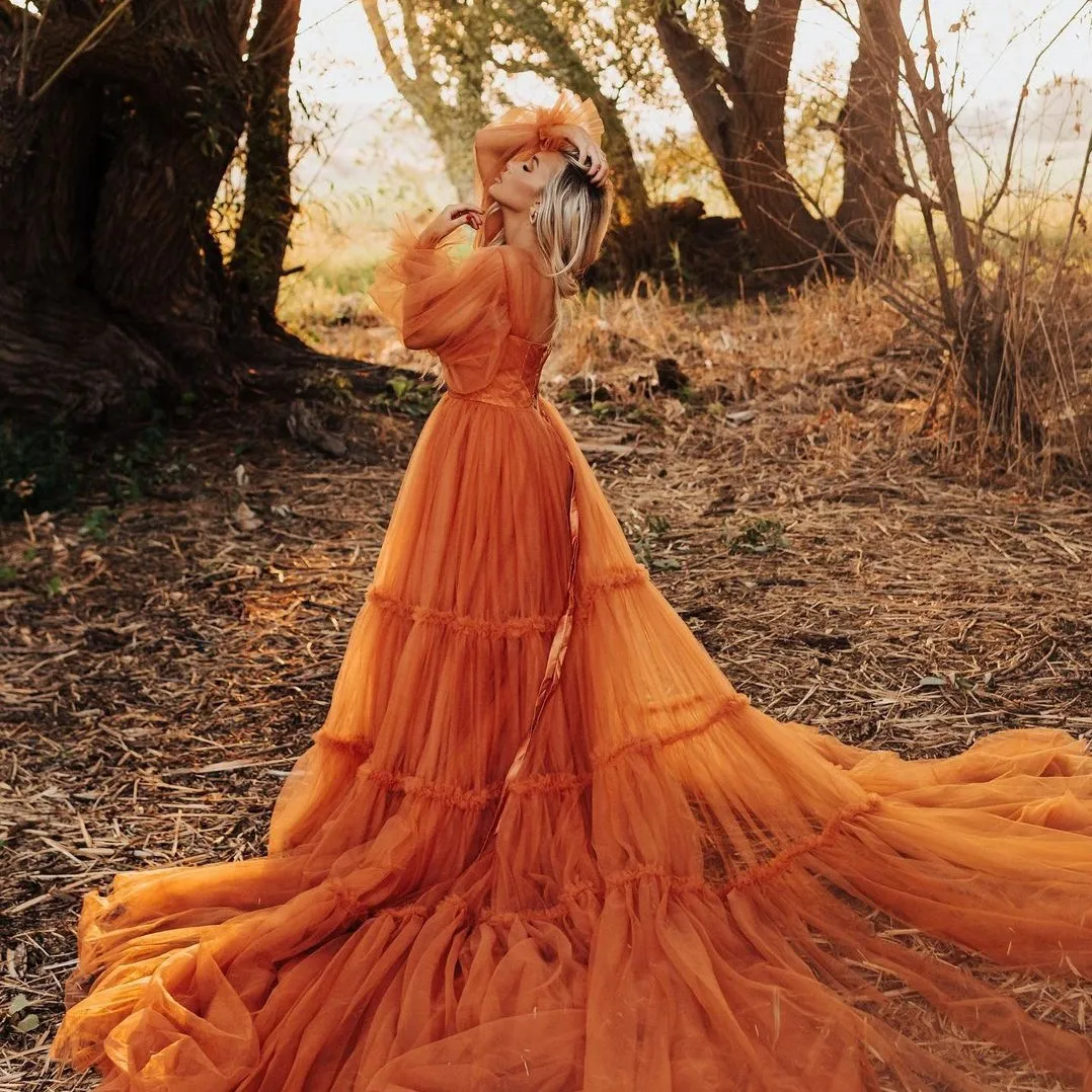 Photoshoot Extra Tulle Women Dresses For Wedding Orange Lush Sleeves Custom Made Tulle Party Gowns vestido de fiesta