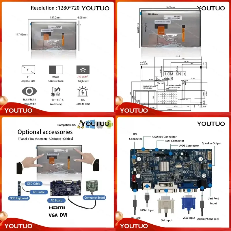 for M080AWAA R3 8.0 Inch WXGA LCD Panel 1280x720 High Resolution LVDS 40 Pins Display Screen 8 Inch LCD Modules