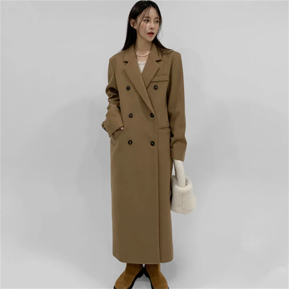 

long woolen coat women straight shoulder camel double-breasted tweed coat