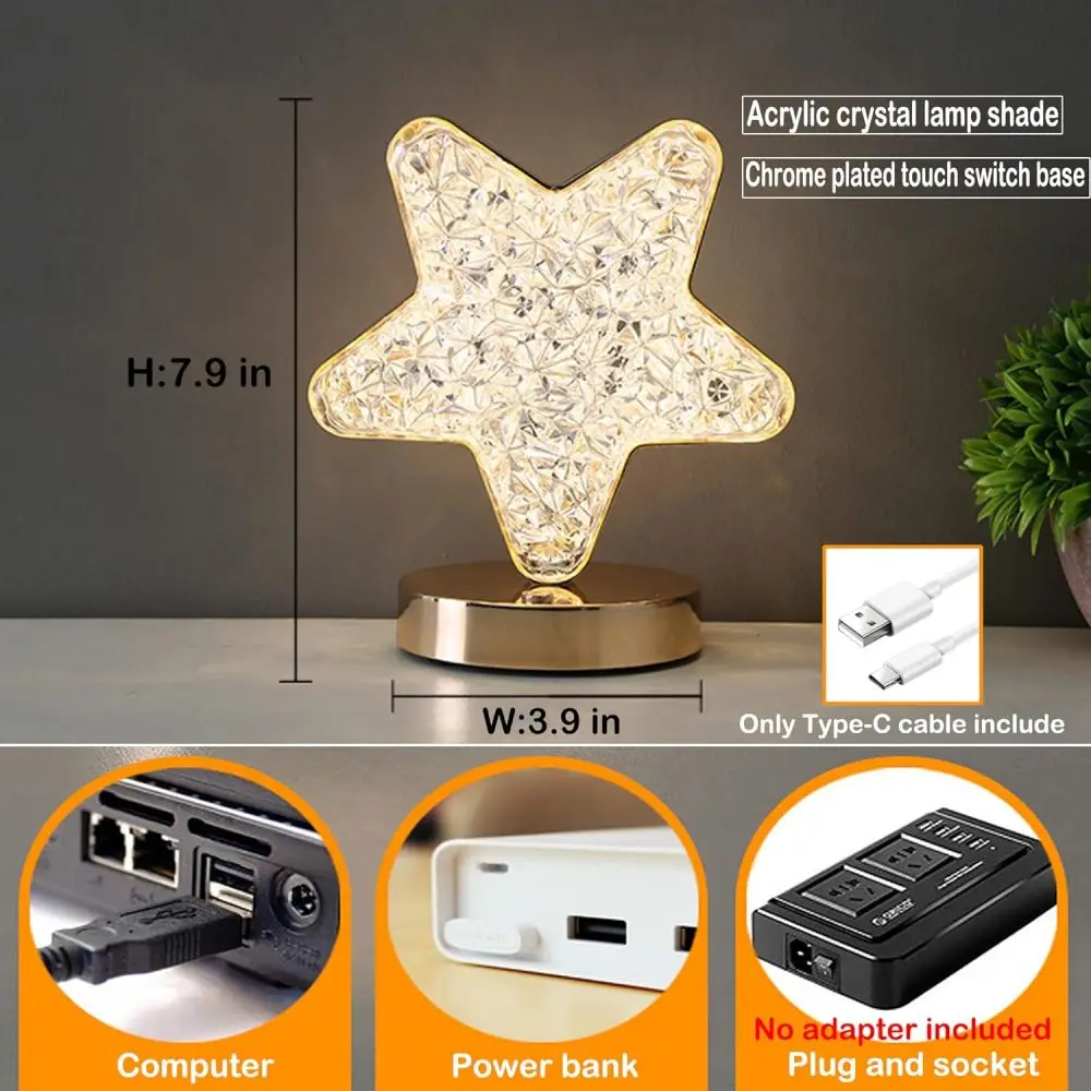 Star Moon Lamp Crystal LED Night Light USB Touch Dimming Table Lamps Bedroom Bedside Desk Lamp Room Decorations Girls Kids Gifts