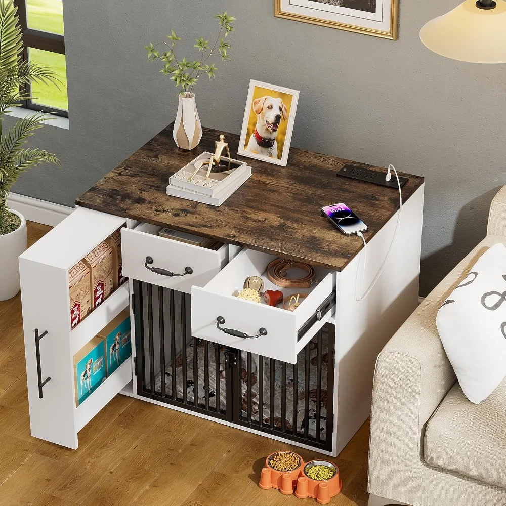 

Dog Crate Furniture, 31.5 Inch Wooden Indoor Heavy Duty Dog Kennel House with Doors & USB Charger, Farmhouse Modern End