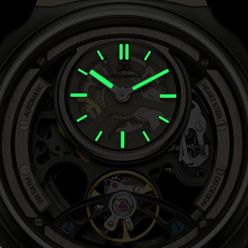 DG DANIEL GORMAN ساعة هيكل عظمي ميكانيكية أوتوماتيكية أنيقة رياضية بحزام سيليكون 5 ATM مقاومة للماء من الفولاذ المقاوم للصدأ مضيئة