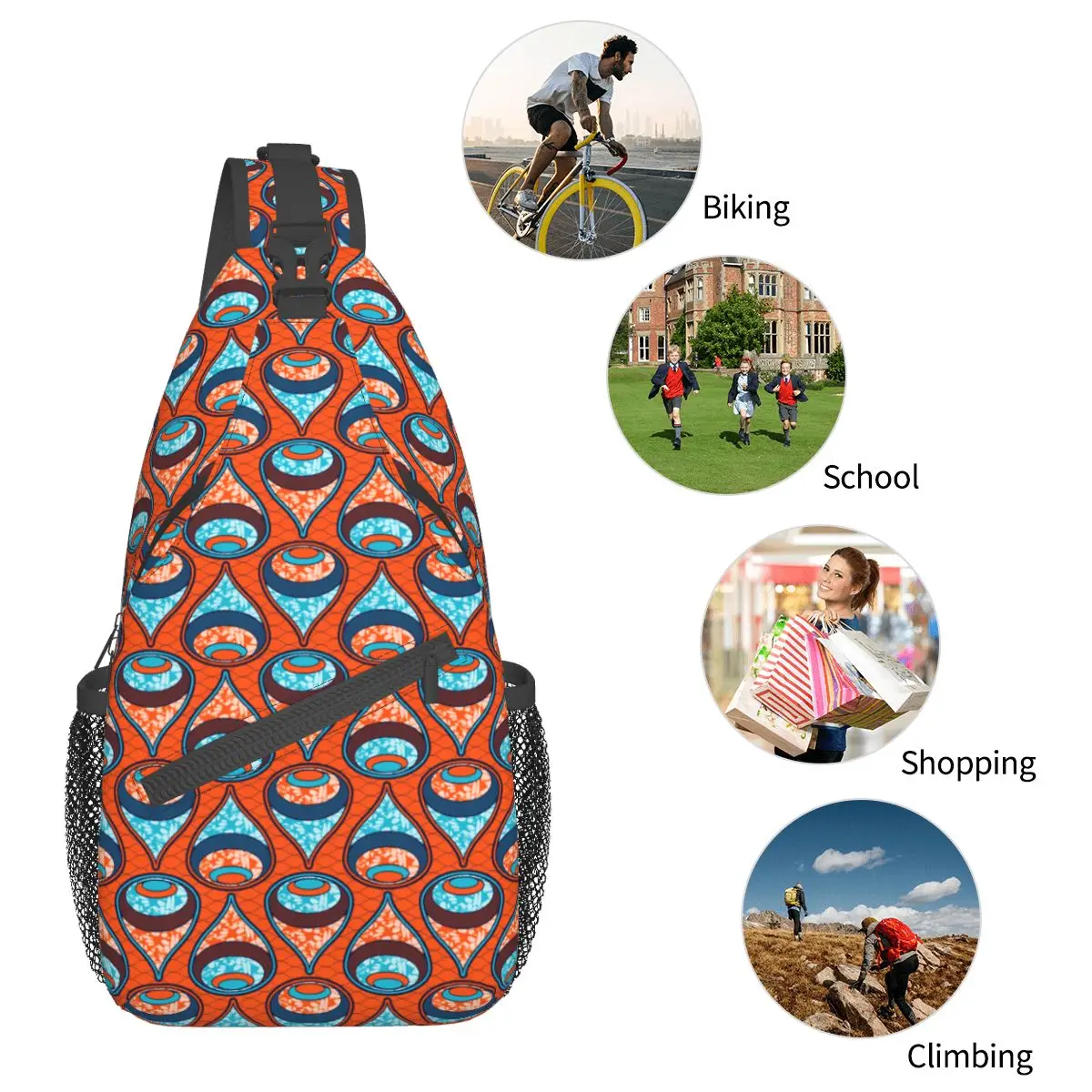 Têxtil Africano Sling Bag Peito Crossbody Ombro Mochila Outdoor Caminhadas Daypacks ilustração vetorial Impresso Bookbag