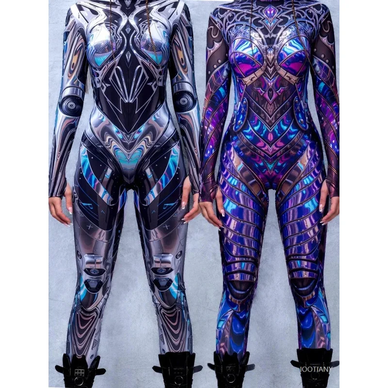 

Future Galaxy Cyberpunk Bodysuit Mechanical Metal Armor Women Halloween Party Cosplay Costume Bodysuit Jumpsuit Zentai Outfit