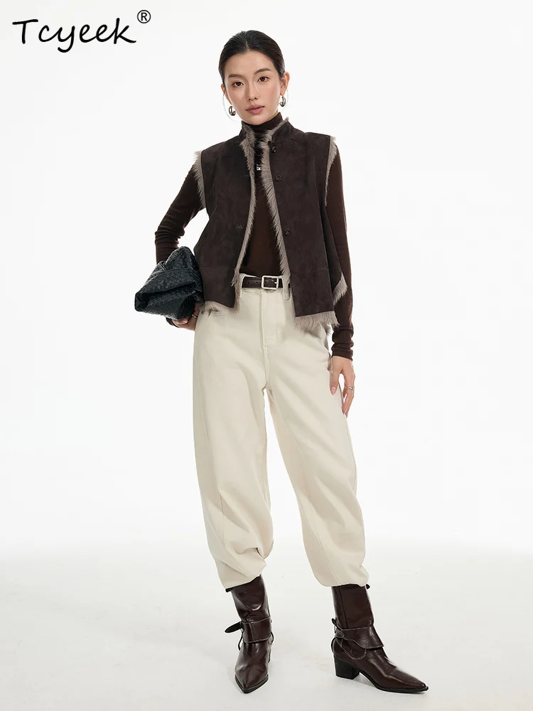 Tcyeek الصوف الحقيقي الخريف الشتاء الراقية العصرية الجديدة النمط الصيني الوقوف طوق أكمام قصيرة المرأة معطف فرو الضأن